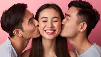 AI generated Two Asian men kissing Asian woman on the cheek on a pink background. Concept of affection, friendship, love triangle, and happy relationships photo