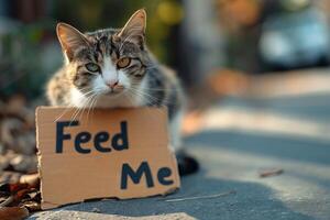 AI generated Stray cat with a Feed Me sign on a sidewalk. Concept of stray care, animal welfare, street cats, pet hunger, feeding animals and compassion photo