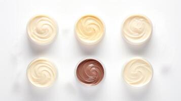 AI generated Variety of organic cosmetic creams for skin care in open jars on white background. Top view. Concept of skincare variety, cosmetics assortment, and beauty product display photo