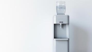 AI generated Office water cooler with bottle on top. Concept of workplace hydration, water dispenser, office equipment, and corporate wellness. Light backdrop. Banner. Copy space. photo