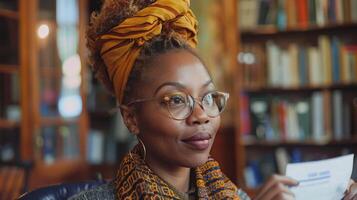 ai generado pensativo africano americano mujer con lentes. intelectual hembra en un biblioteca. concepto de educación, conocimiento, estudiando, y biblioteca investigación. foto