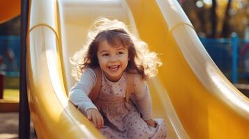 ai generado contento niño niña corredizo abajo un amarillo patio de recreo deslizar. concepto de infancia jugar, felicidad, al aire libre actividad, y verano divertido foto