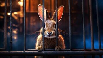 AI generated Caged rabbit with bright eyes, dreaming of the wild. Bunny locked in cage. Concept of animal rights, captivity, wildlife conservation, and longing photo