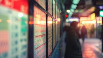 AI generated Blurry view of people walking past a brightly lit stock market display board. Urban financial district concept. Concept of economic activity, investment tracking photo