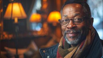AI generated Elderly African American man smiling warmly indoors. Concept of wisdom, warmth, aging gracefully, and life experience. Copy space photo