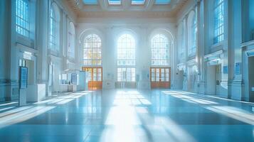 AI generated Spacious and elegant empty voting hall with high ceilings and natural light streaming through. Concept of dignified elections, public service spaces, and classical architecture photo