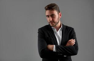 Close up portrait young man businessman. Caucasian guy business suit studio gray background. photo