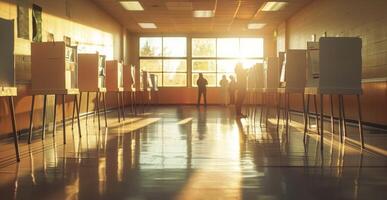 AI generated Citizens casting votes in a sunlit room with privacy voting booths. Polling station. Concept of active civic participation, democratic process, community election, and civic duty photo