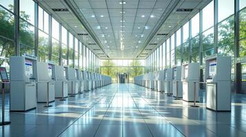 AI generated Brightly lit empty voting center with rows of digital ballot booths. Concept of elections, efficient electoral systems, advanced voting technology, and civic participation photo