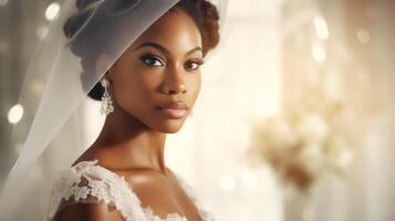 AI generated Young African American woman in white wedding dress with a veil. Beautiful bride. Close up. Bokeh lights backdrop. Concept of wedding day, marriage, bridal beauty, and romance. Banner photo