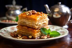 AI generated Sweet baklava dessert with honey glaze and nut garnish on an elegant plate. Concept of Mediterranean dessert, sweet pastry indulgence, honeyed nut baklava, and traditional gourmet treat photo