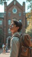 AI generated Asian student with backpack outdoors at university. Young refugee man. Concept of immigrant education, refugee resilience, international education photo