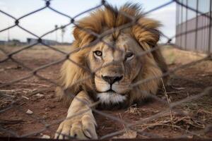 ai generado majestuoso león bloqueado en jaula. solitario león en cautiverio detrás un cerca con triste mirar. concepto de animal derechos, fauna silvestre conservación, cautiverio estrés, en peligro de extinción especies foto