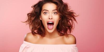 AI generated Excited young woman with a shocked expression, wide eyes, open mouth. Pink background. Concept of surprise announcement, unexpected news, joyful reaction, promotional content. banner photo