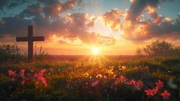 ai generado silueta de cruzar con creciente Dom pintura el cielo en vibrante matices Pascua de Resurrección Mañana. de madera cruzar en un campo a amanecer. concepto de Pascua de Resurrección, esperanza, Resurrección celebracion, foto