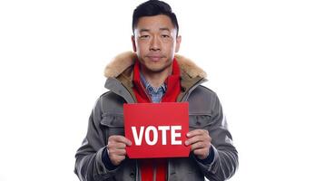 AI generated Asian man presenting bold VOTE sign, encouraging civic duty. Asian male voter. Concept of elections, personal empowerment, voting, citizen rights, diversity. Isolated on white background photo