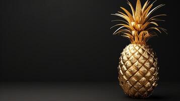 AI generated Golden pineapple made of gold against dark background, ideal for luxury branding and high-end product presentations, embodying exclusivity. Jewelry fruit. Banner with copy space. photo