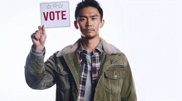 AI generated Young Asian man presenting bold VOTE sign, encouraging civic duty. Asian male voter. Concept of elections, personal empowerment, voting, citizen rights, diversity. Isolated photo