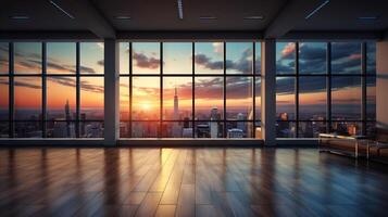 AI generated Contemporary empty office with panoramic urban views. Concept of professional workplaces, collaborative spaces, modern corporate interiors photo