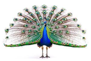 AI generated Colorful peacock with open tail on white background. Concept of animal display, feather patterns, ornithology, and bird watching photo