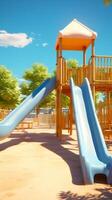 AI generated Brightly colored slides in a playground, bathed in sunlight. Concept of childhood joy, playground structures, and summer days. Vertical format. photo