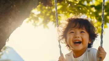 AI generated Cheerful Asian kid boy laughing on a swing on a warm sunny day on a playground. Concept of carefree play, happy childhood, summer fun, and outdoor activities. photo