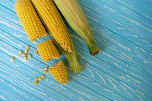 Corn cob with green leaves lies on table blue color background. photo