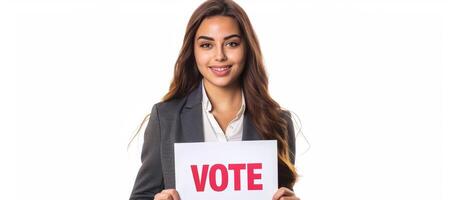 AI generated Young Caucasian woman presenting bold VOTE sign, encouraging civic duty. Female voter. Concept of elections, personal empowerment, voting, politics. Isolated on white background. photo