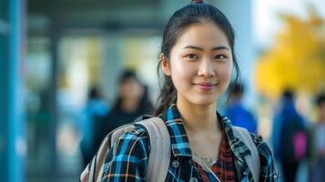 AI generated Asian female student at university campus. Young refugee woman with backpack. Concept of immigrant education, refugee integration, diversity, cultural exchange, academic aspiration. photo