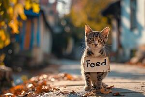 AI generated Stray cat with a Feed sign on the street. Concept of stray care, animal welfare, street cats, pet hunger, feeding animals and compassion photo