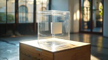 ai generado vacío transparente votación caja en un iluminado por el sol habitación. concepto de el comienzo de votación, electoral transparencia, y democrático principios. votación estación. foto