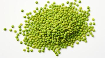 AI generated Top view of green split peas isolated on white. Concept of vegan nutrition, cooking basics, and organic produce. Top view. Textured background photo
