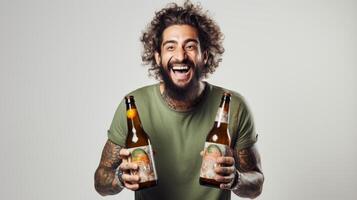 ai generado tatuado barbado hombre alegremente participación arriba dos botellas de arte cerveza. concepto de cerveza saboreo, arte cervecería, y alegría. ligero fondo foto