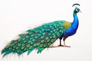 AI generated Vivid peacock displaying plumage, isolated on white backdrop. Concept of animal elegance, bird showcasing, detailed plumage, and wildlife photo