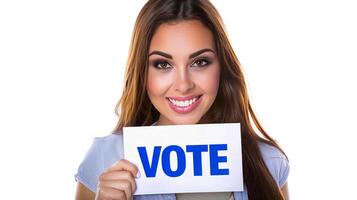 AI generated Young smiling Caucasian woman holding bold VOTE sign, encouraging civic duty. Female voter. Concept of elections, political advocacy, personal empowerment, voting. Isolated photo