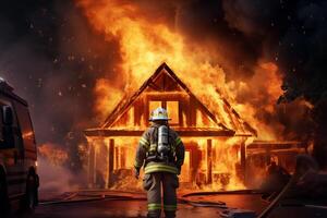 AI generated Firefighter approaching a blazing house fire. Concept of bravery, emergency response, firefighting, and disaster management photo