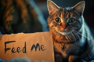 AI generated Adorable hungry cat with large, pleading eyes holding a Feed Me cardboard sign. Concept of pet care, animal feeding, funny cats, and humorous pet expressions photo