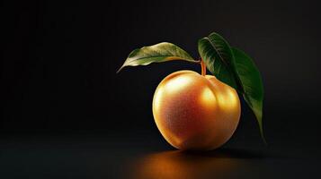 AI generated Golden peach with leaves on a dark background, suitable for luxury advertisement and high-end product display. Banner with copy space. photo