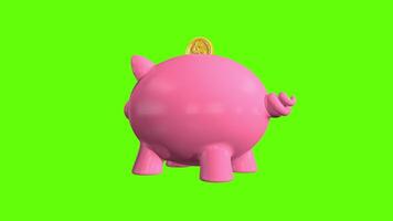varkentje bank in de vorm van een roze varken roterend 360 graden tegen groen achtergrond. lus reeks. 3d animatie video