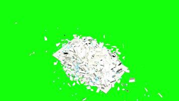 Top view of white building collapsing against green background. 3D animation video