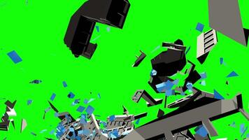 Collapsing white building seen from below against green background. 3D animation video