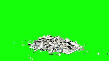 Front view of white building collapsing against green background. 3D animation video