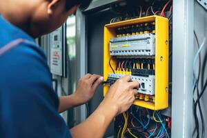 AI generated Engineer checks electricity with multimeter at circuit breaker. photo