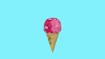 Strawberry and vanilla ice cream cone with cherry rotating in pixel style against light blue background. 3D Animation video