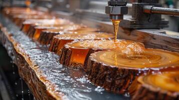 AI generated Process making of a craft resin and wood table. Liquid epoxy is poured into a mold with wooden blanks. closeup. photo