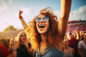 ai generado joven mujer emocionado salud a música festival. foto