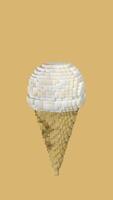 Vanilla ice cream cone with chocolate chips, cherry and chocolate sorbet rotating in pixel style against light yellow background. 3D Animation video