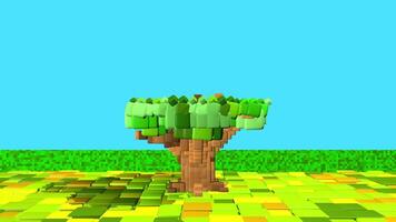 träd med grön löv och röd bär växande i pixel stil mot ljus blå bakgrund. 3d animering video