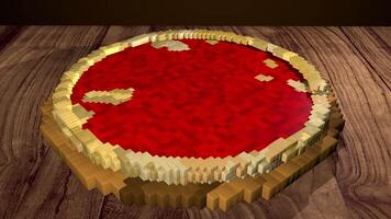 Preparation of pizza with pepperoni, meat, pepper and corn in pixel style on a wooden table. 3D Animation video