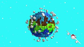 vliegtuig en heet lucht ballon vliegend in de omgeving van planeet aarde in pixel stijl tegen blauw achtergrond. lus reeks. 3d animatie video